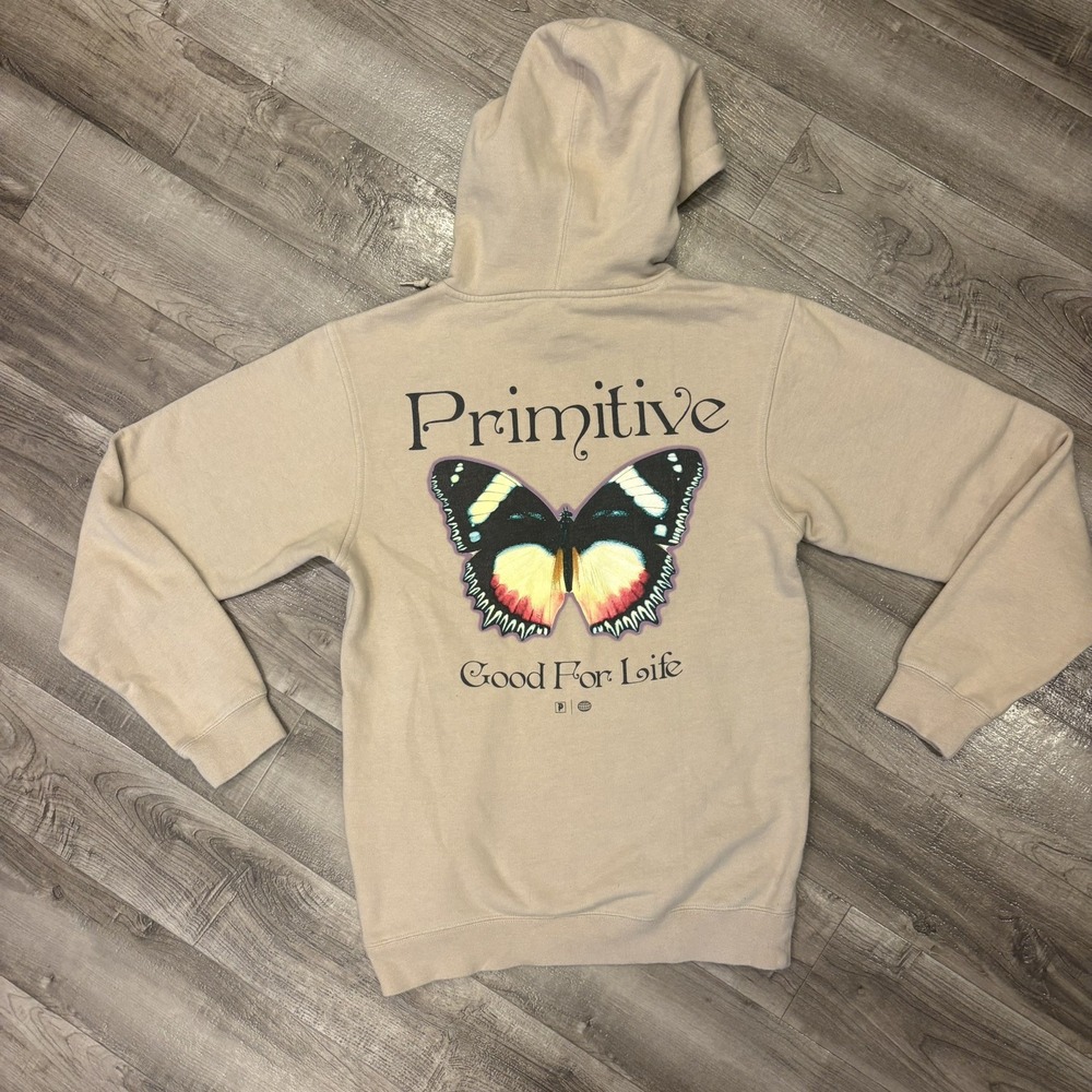 Primitive tan Fleece Hoodie Pullover size small for Men butterfly print - Picture 6 of 8